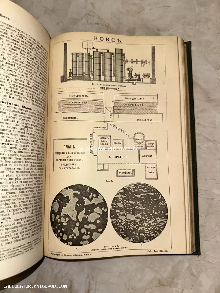 Разворот антикварной книги с техническими иллюстрациями, чертежами оборудования для коксования и микроснимками структуры угля.