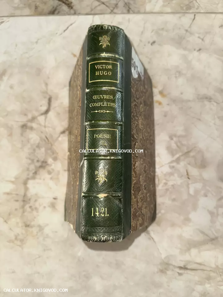 Корешок старинной книги Виктора Гюго 'Poésie III' в темно-зеленом кожаном переплете с золотым тиснением на мраморном фоне.