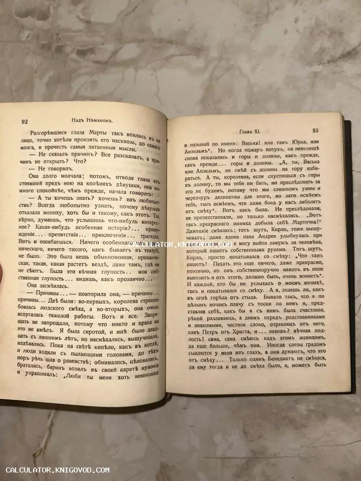 Разворот антикварной книги с текстом на дореволюционном русском языке, страницы 92 и 93 романа Элизы Ожешко.