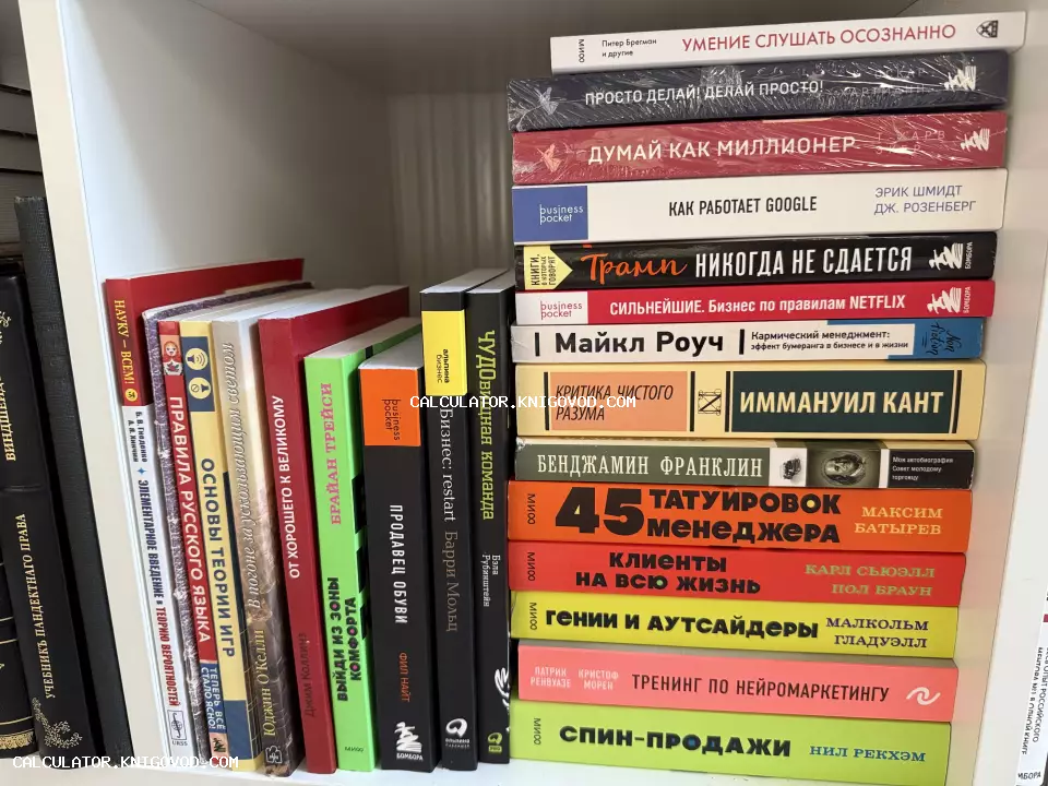 Полка с современными книгами по бизнесу, философии и психологии в мягких и твердых переплетах.