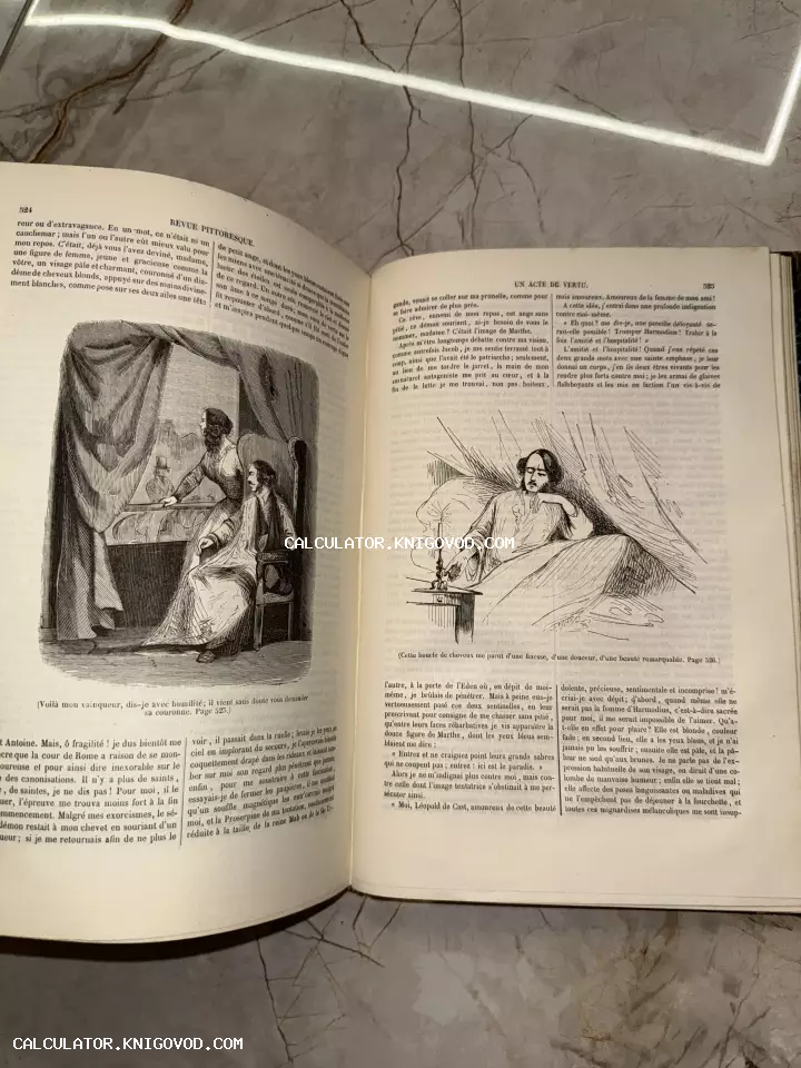 Разворот старинной книги Revue Pittoresque с французским текстом и двумя сюжетными гравюрами.