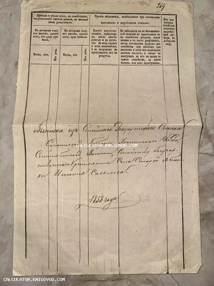 Рукописный документ 1858 года на старинном печатном бланке, касающийся рекрутского учета в Саратовской губернии.